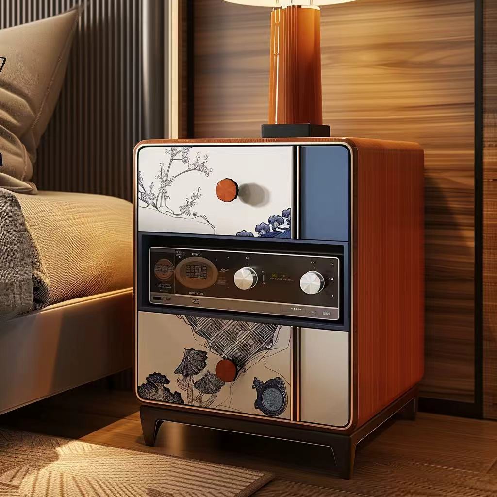 Vintage-style nightstand with decorative design in a bedroom setting