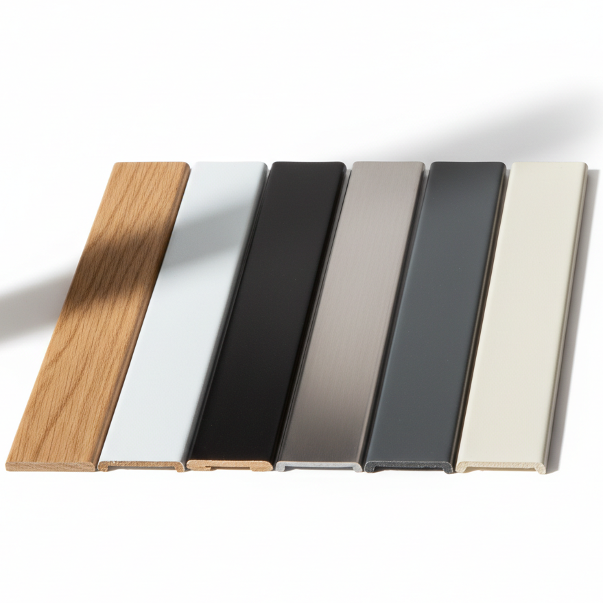 Set of five wooden planks in different colors on a white background