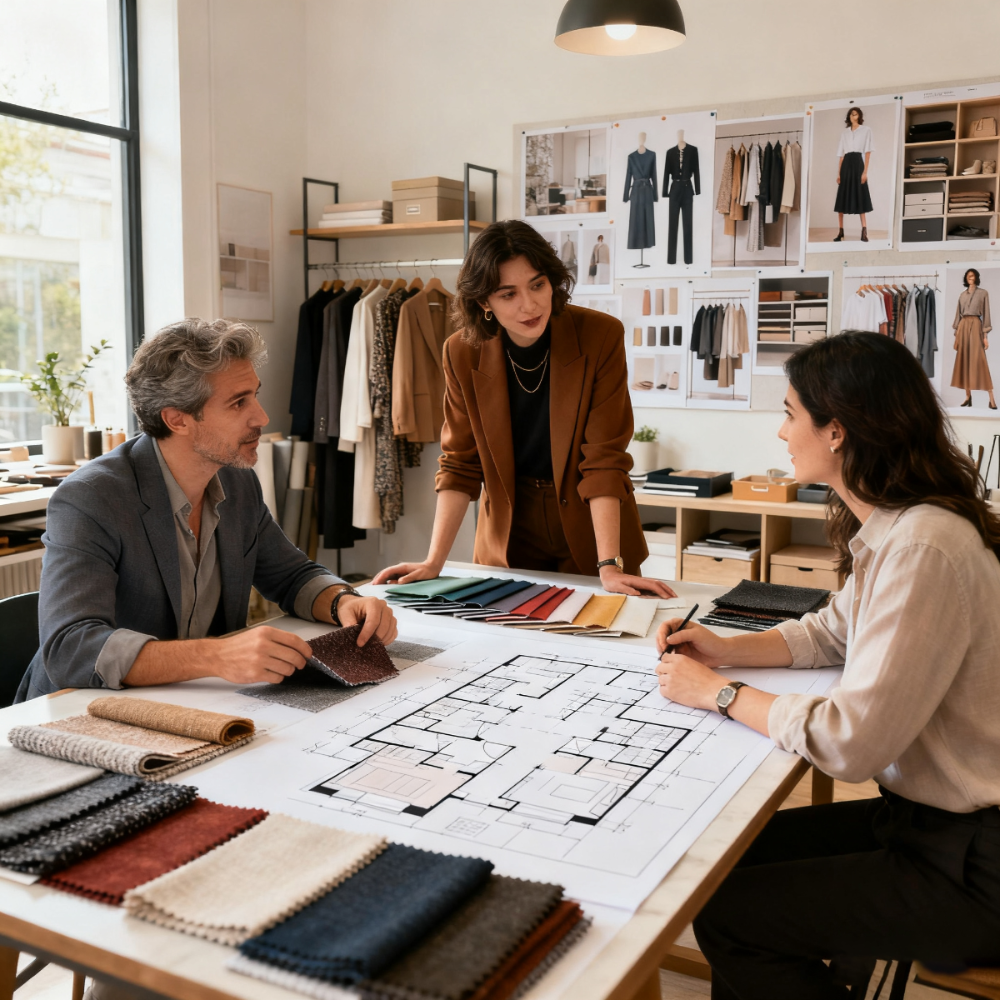 Three people in a design studio looking at fabric swatches and blueprints.