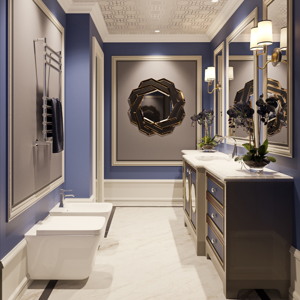 Luxurious bathroom with blue walls, white fixtures, and decorative mirrors.