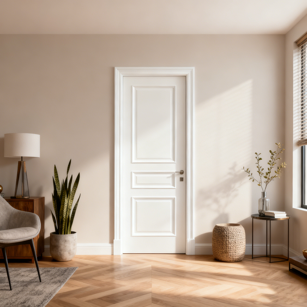 Modern interior with a white door, plants, and furniture.