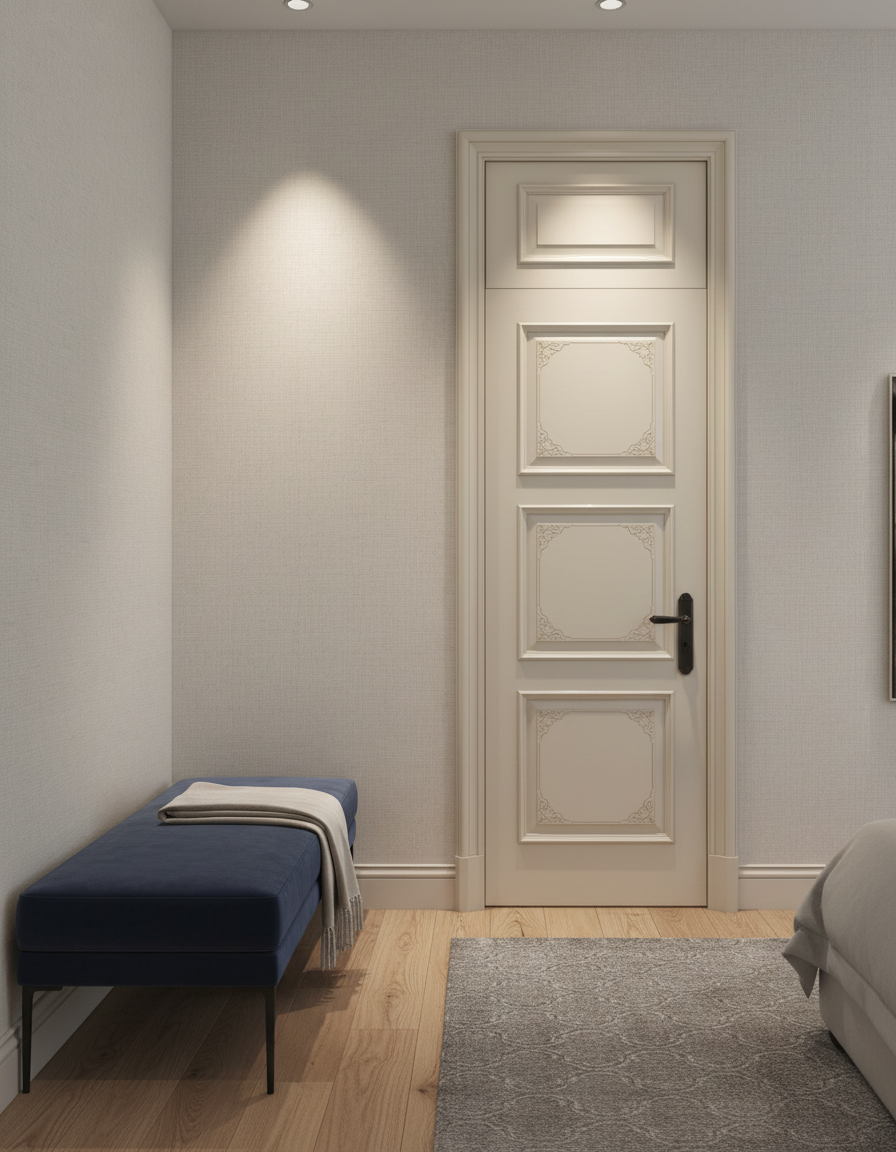 Neatly arranged room with a door, bench, and rug.