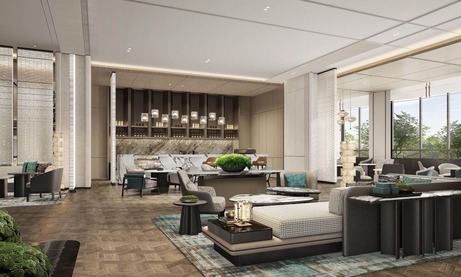 Modern hotel lobby with seating area and decorative elements