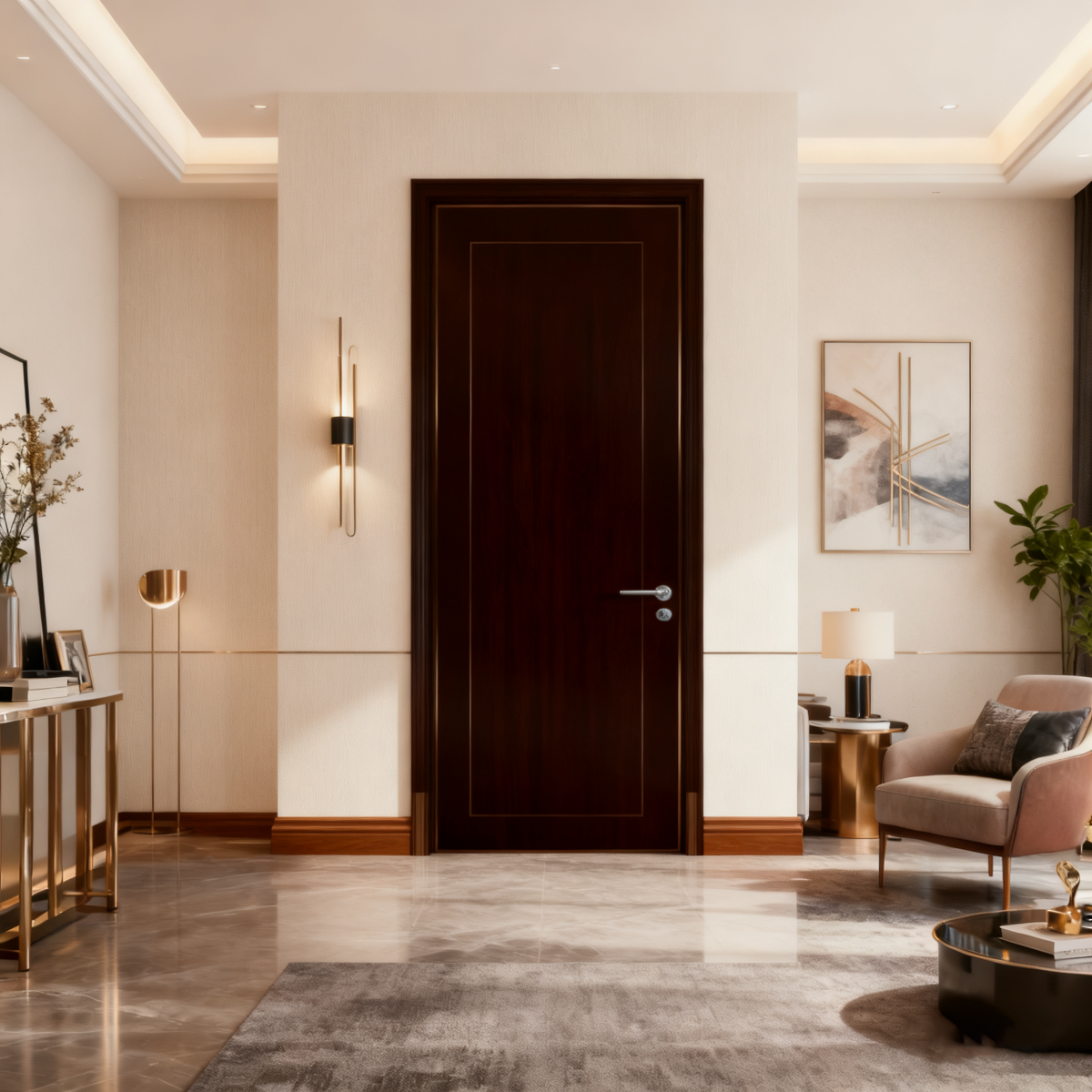 Modern interior design of a living room with a dark wooden door.
