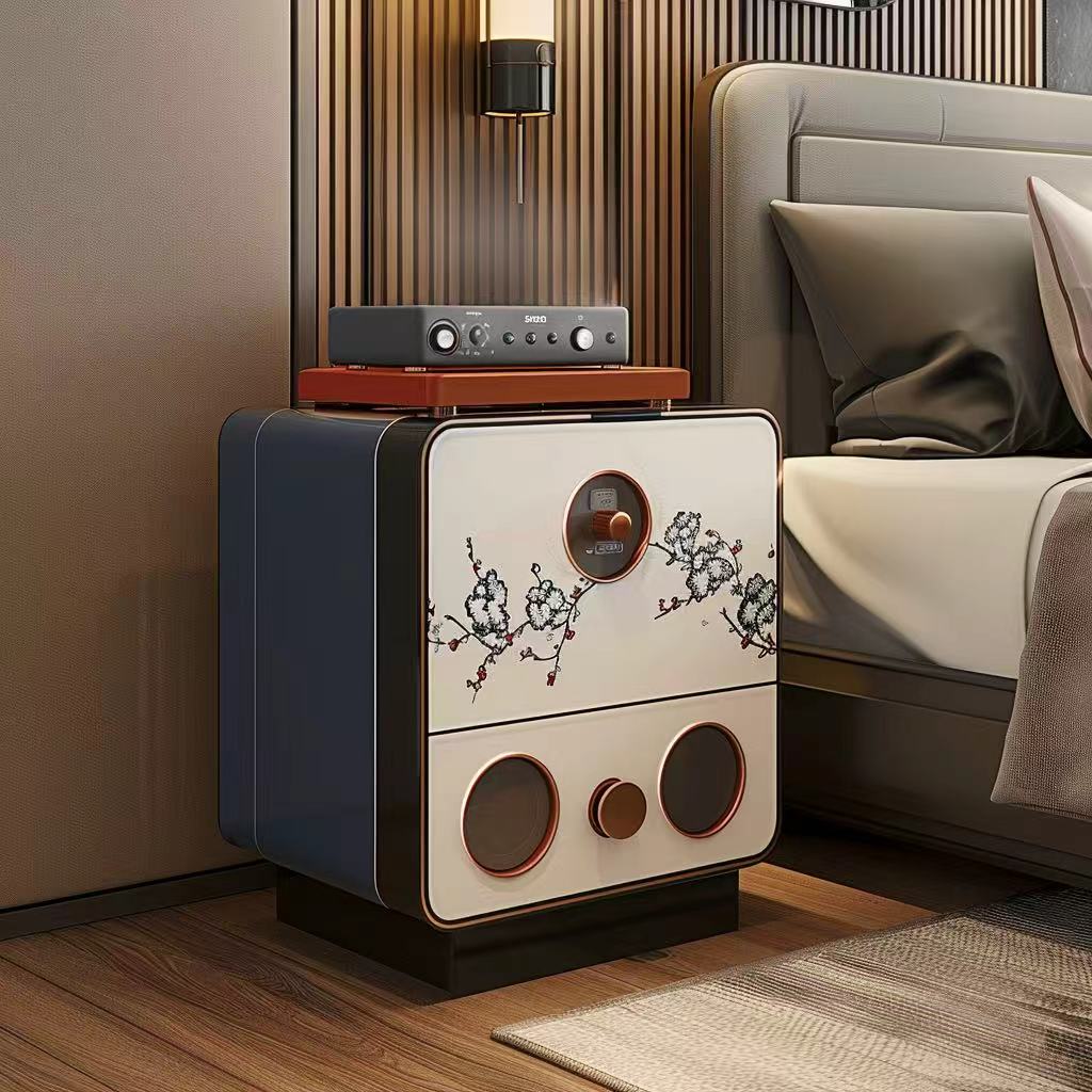 Modern nightstand with floral design in a bedroom setting