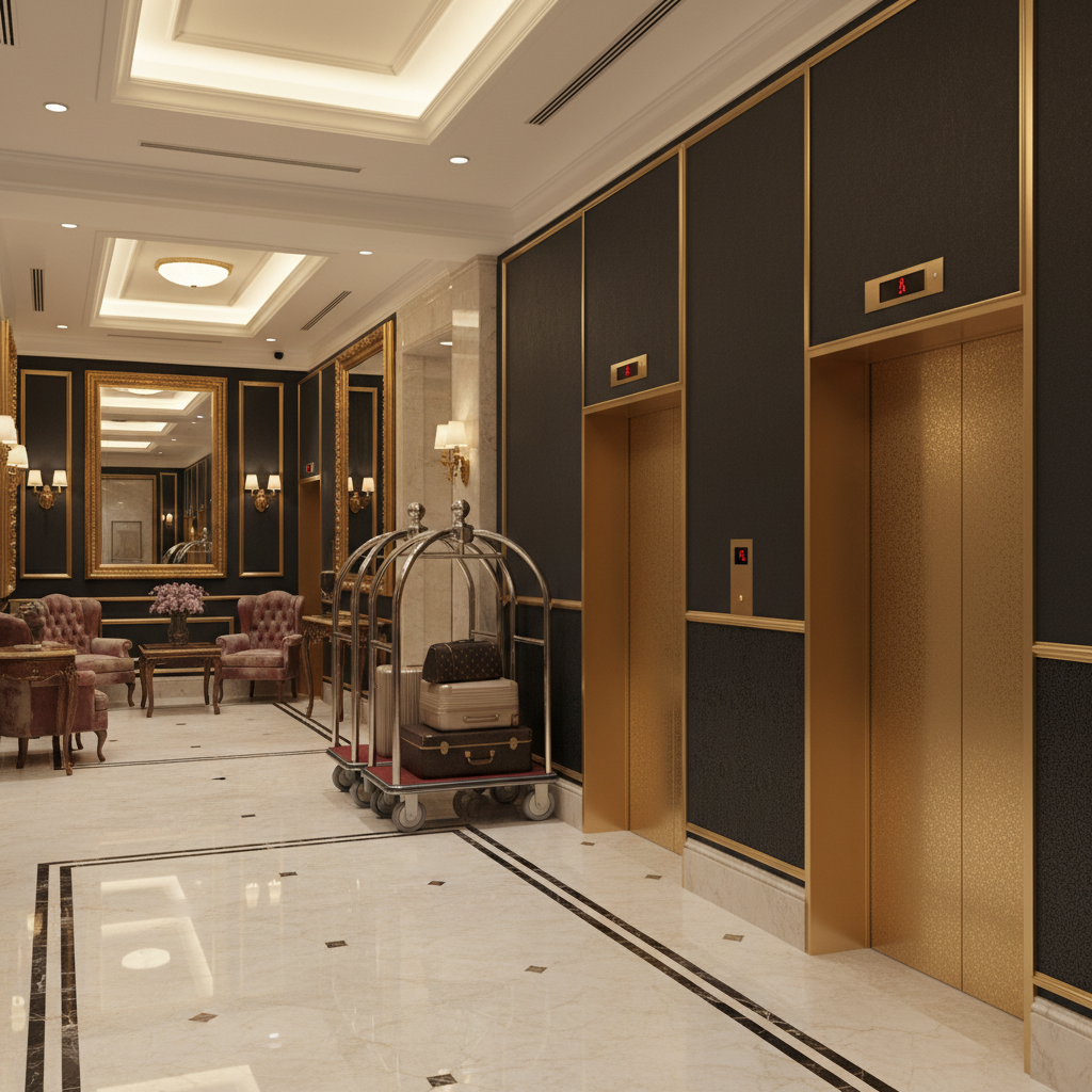 Luxury hotel lobby with elevator and waiting area
