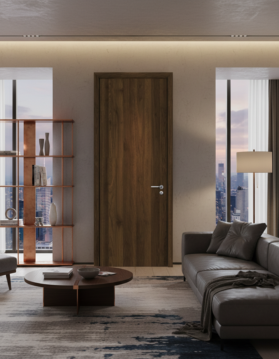 Modern living room with a wooden door, sofa, and coffee table.