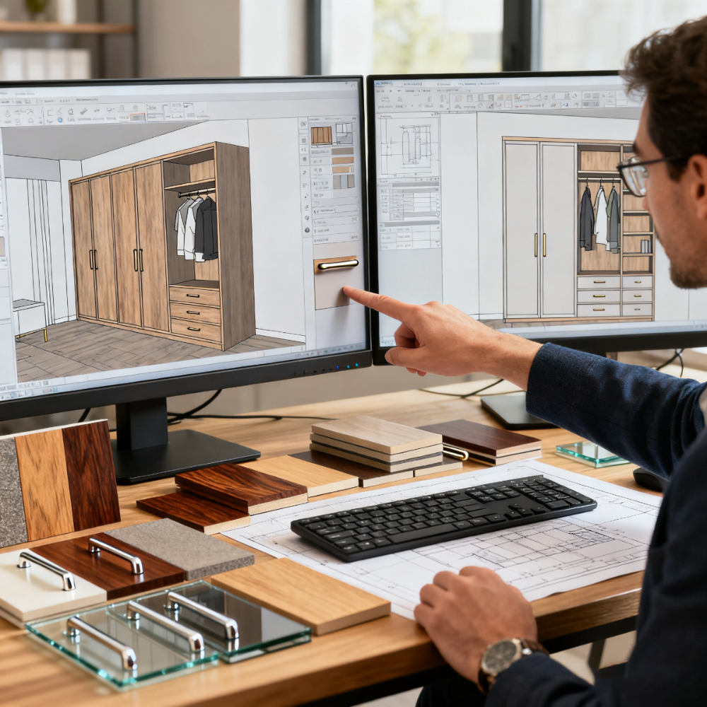Person working at a desk with two monitors displaying wardrobe design software, surrounded by wood samples.