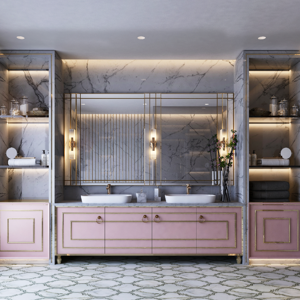 Modern bathroom with pink cabinets, marble walls, and a large mirror.