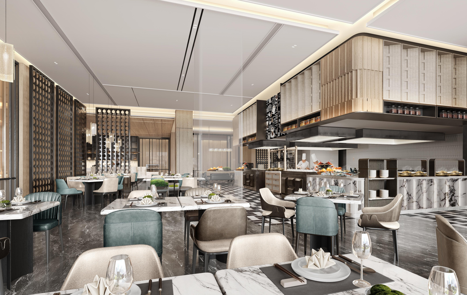 Modern restaurant interior with tables, chairs, and a kitchen.