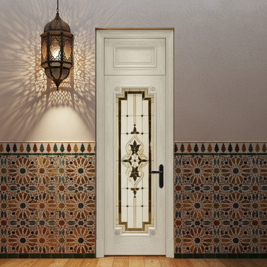 Decorative door with stained glass design in a room with patterned tiles and hanging lantern.