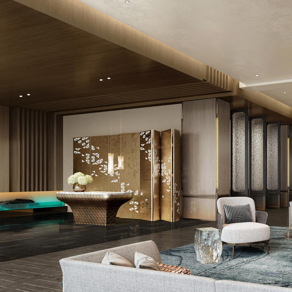 Modern interior design with a large mirror, sofa, and decorative elements.