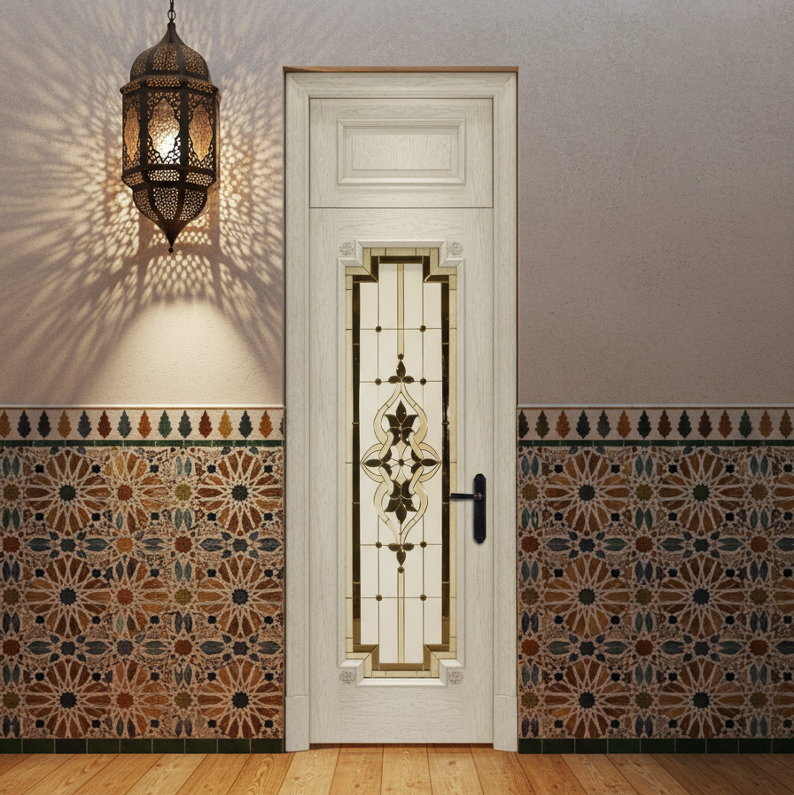 Decorative door with geometric pattern in a room with tiled walls and wooden floor.