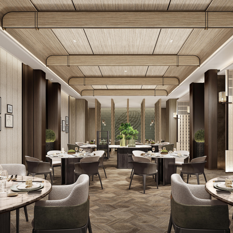 Modern restaurant interior with tables, chairs, and decorative elements.