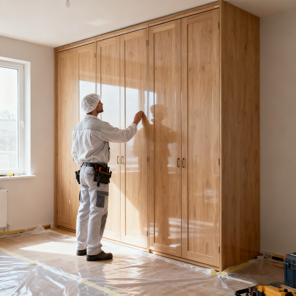 Person installing wooden wardrobes in a room with tools on the floor.