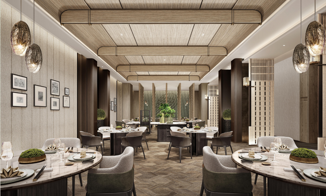 Modern restaurant interior with tables, chairs, and decorative elements.