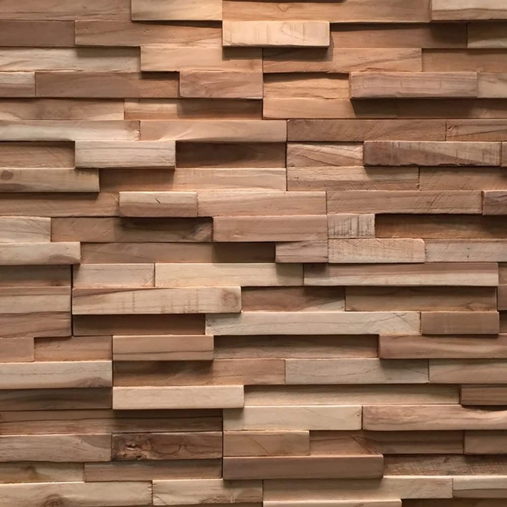 Wooden wall panel with horizontal slats of varying shades of brown.