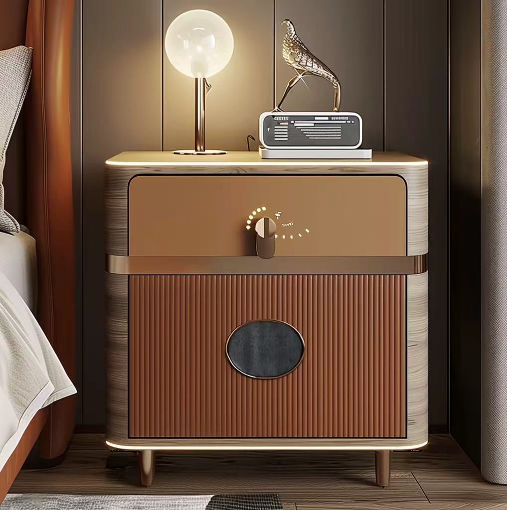 Modern nightstand with a lamp and decorative object in a bedroom setting