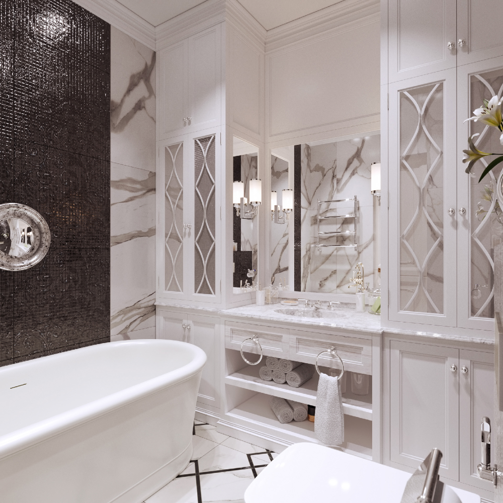 Luxurious bathroom with freestanding bathtub, white cabinets, and decorative elements.
