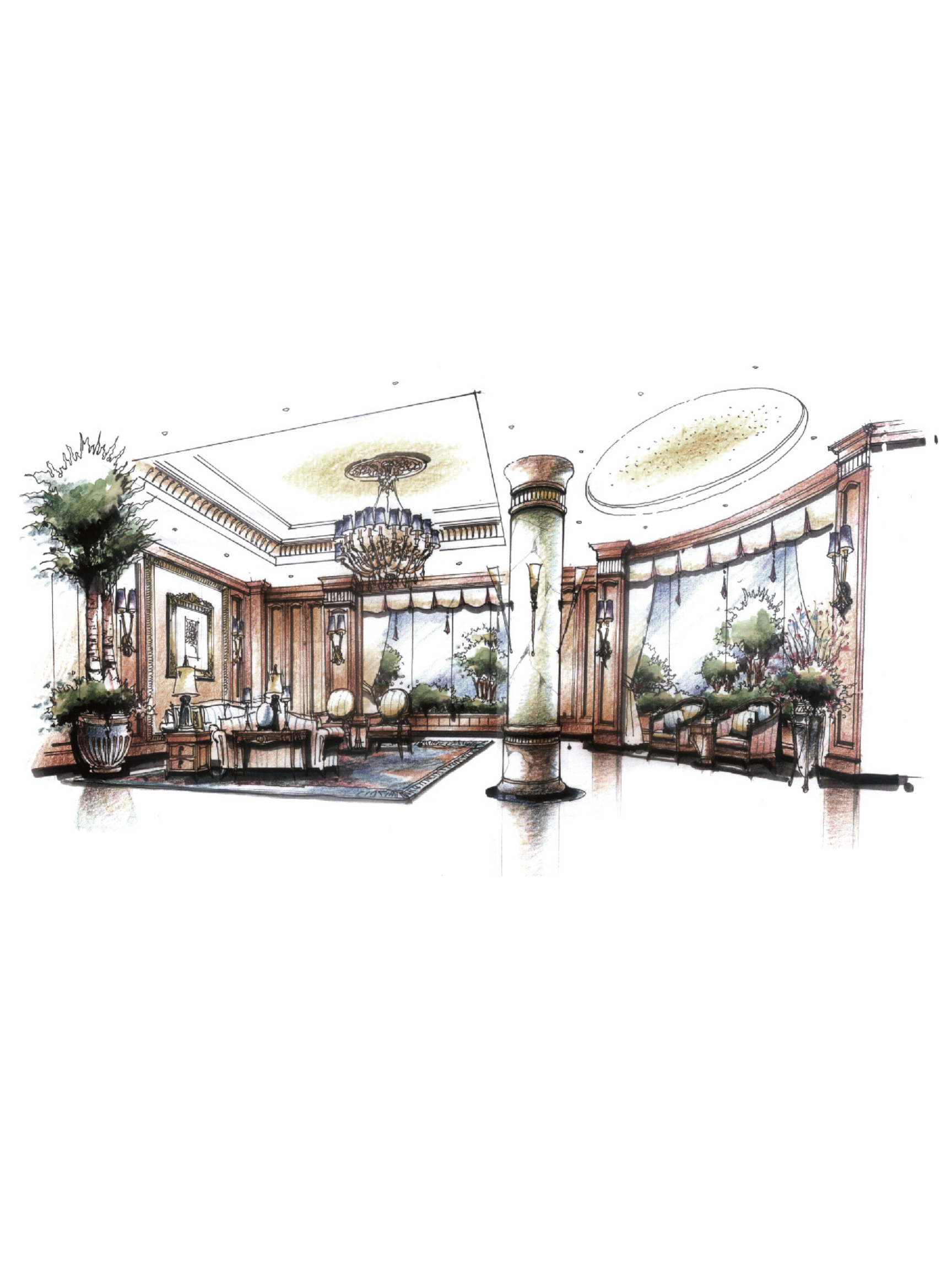 Decorative interior design layout with columns, chandelier, and plants on a white background