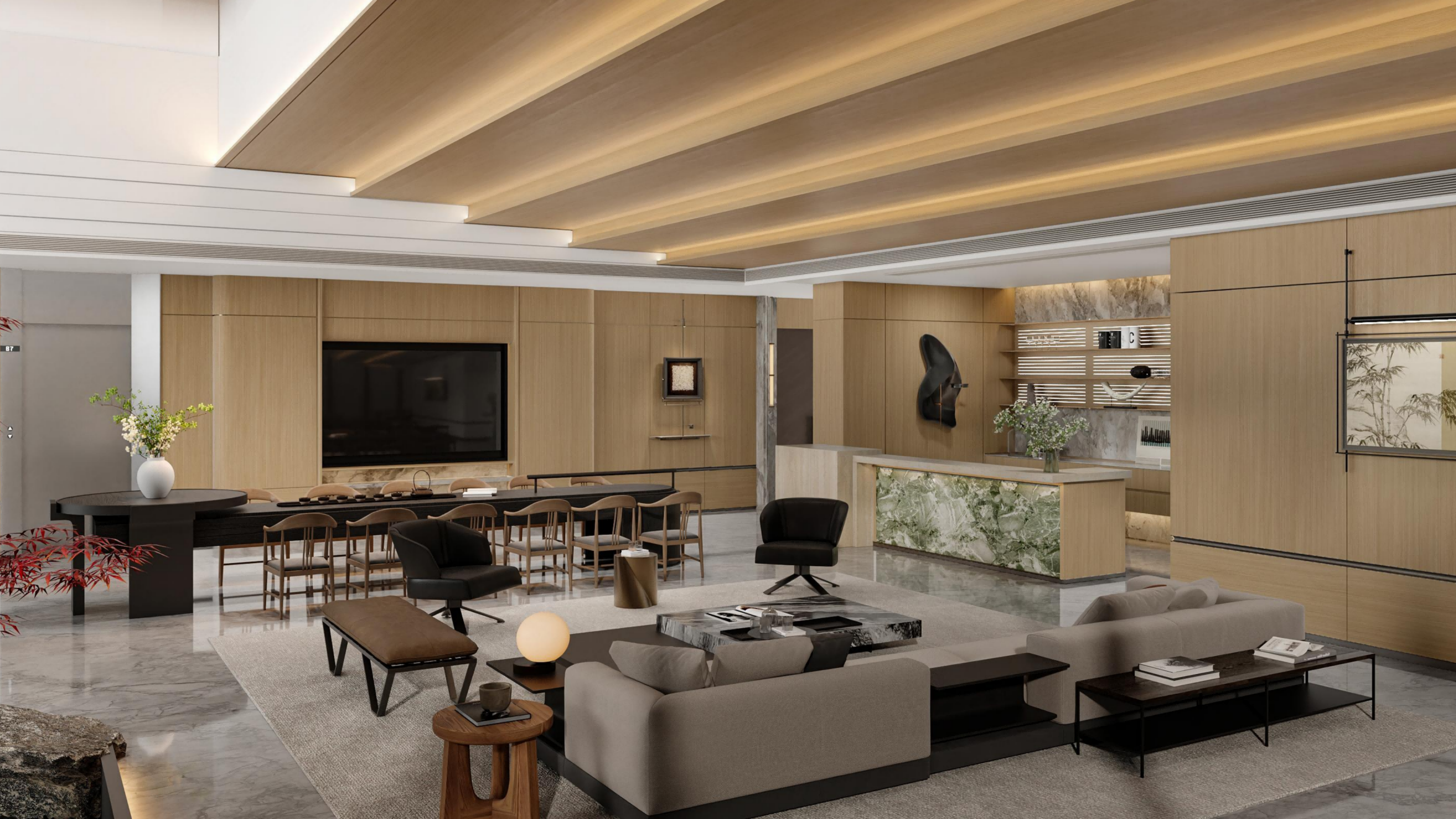 Modern living room with wooden ceiling, furniture, and decor.