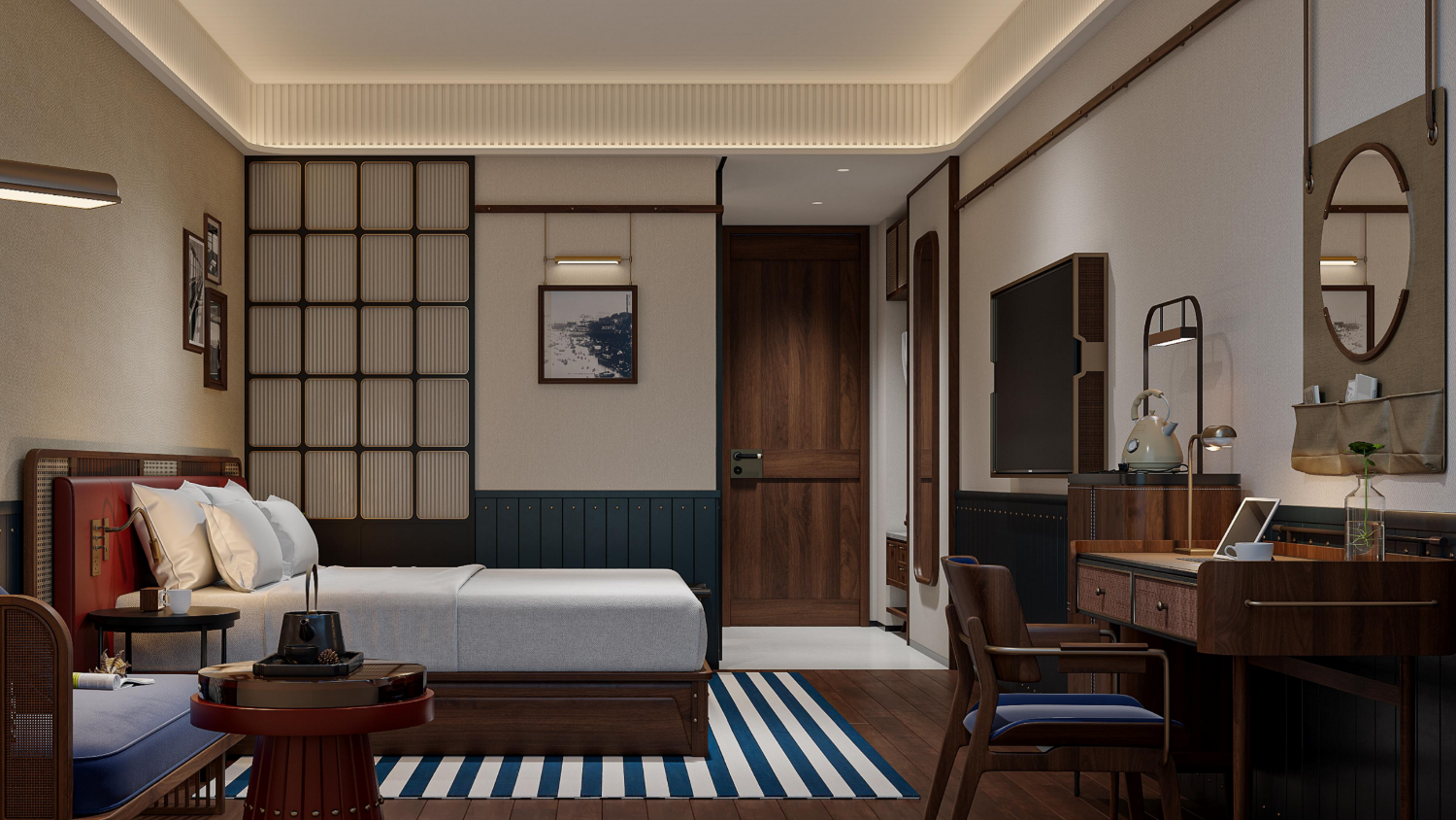 Modern bedroom with bed, desk, and decor