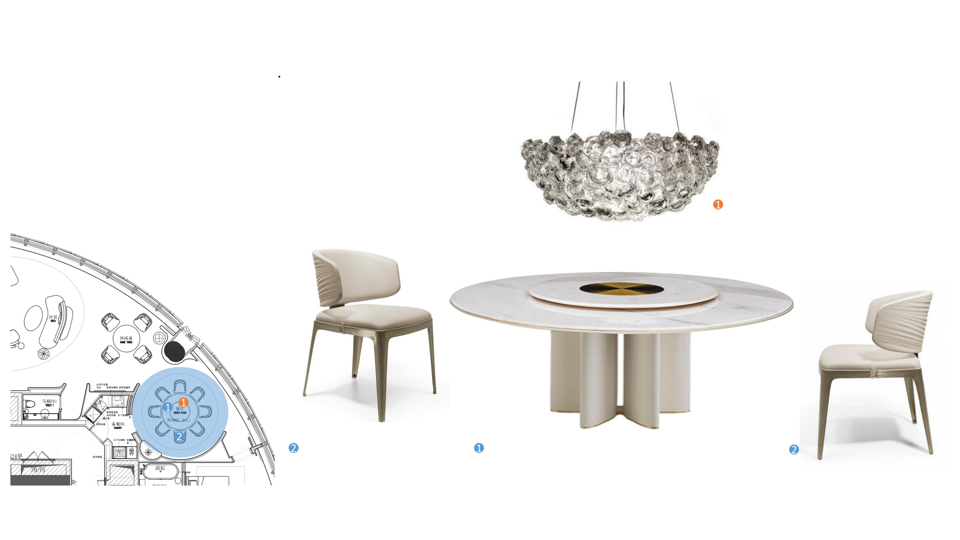 Dining room furniture including a table, chairs, and a chandelier on a white background.