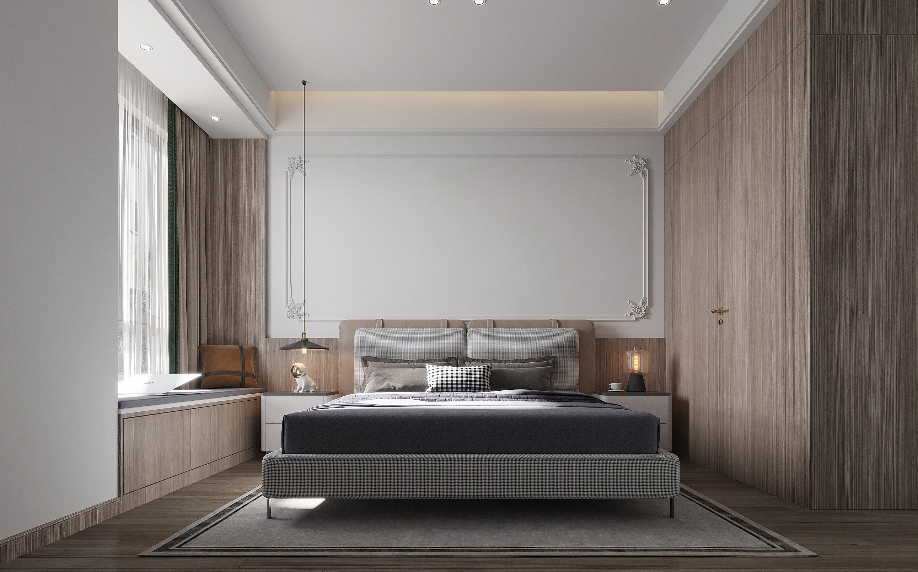 Modern bedroom with a bed, nightstands, and wall art.