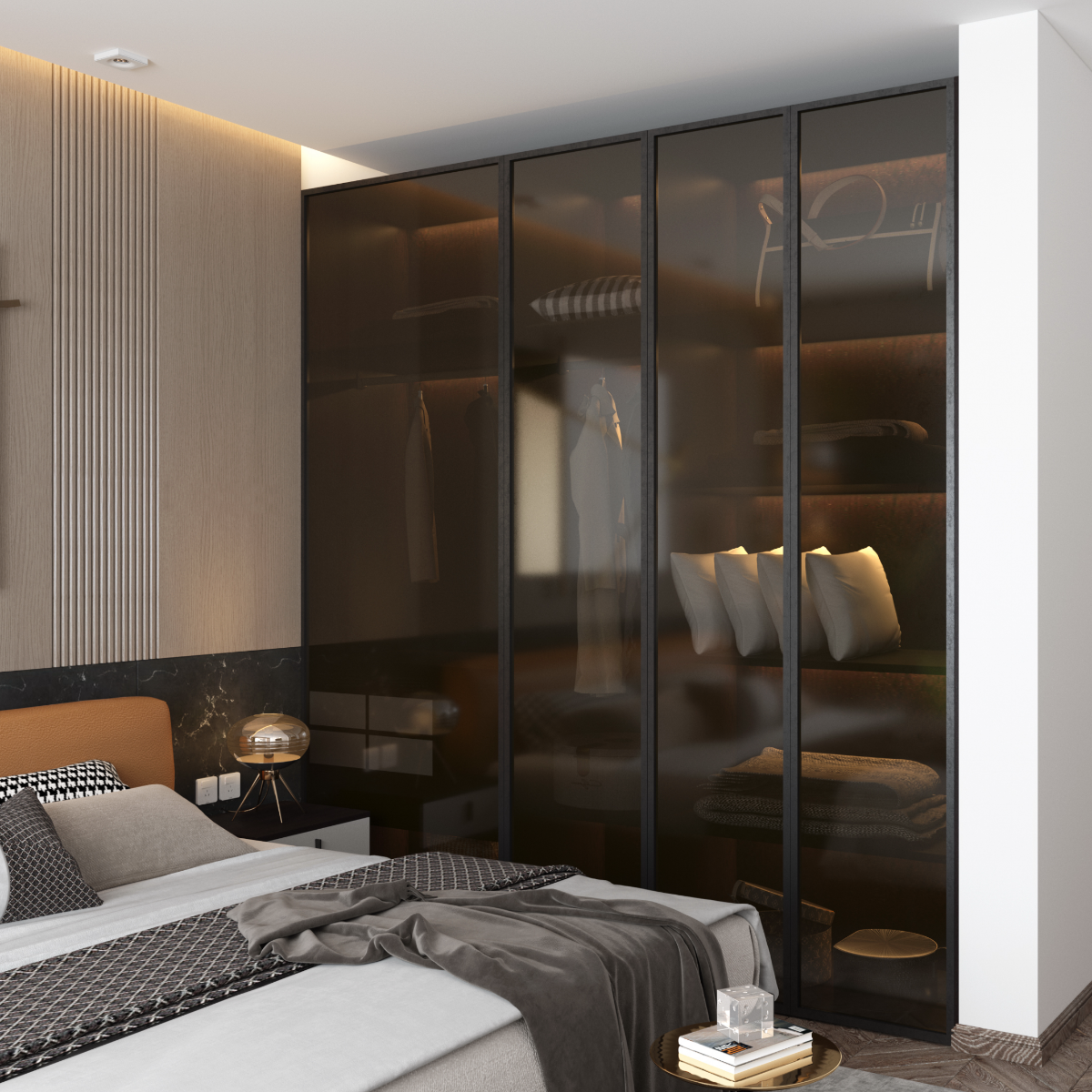 Modern bedroom with a large black wardrobe and bed with pillows.