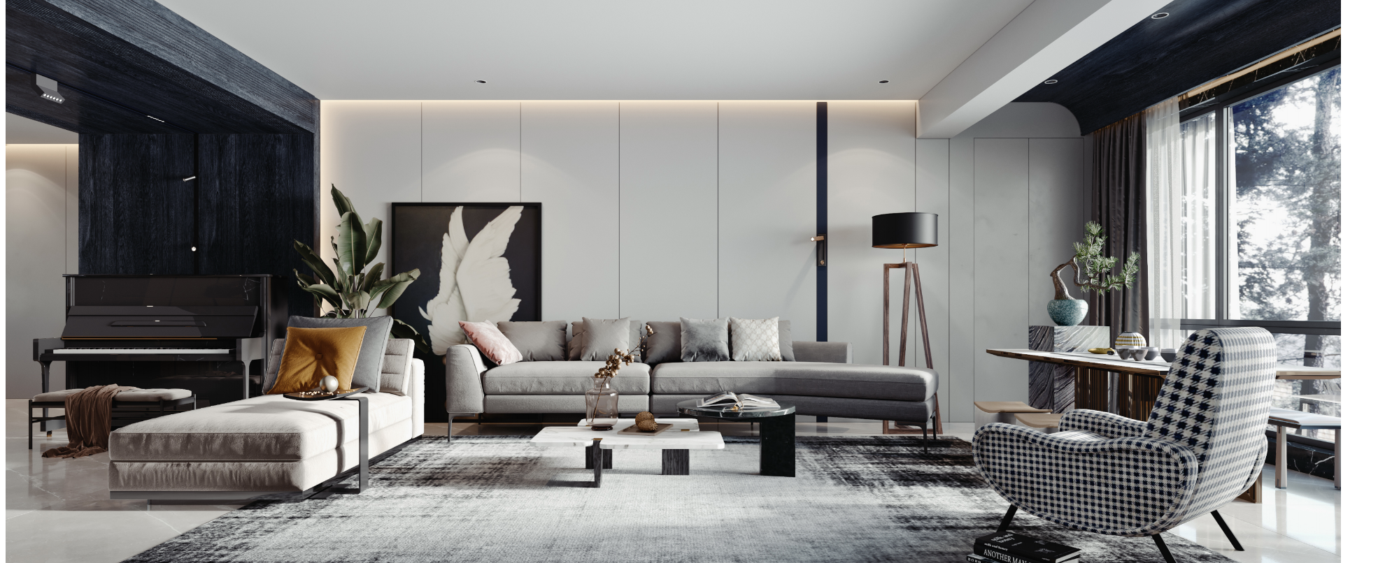 Modern living room with gray sofa, armchair, and decorative elements.