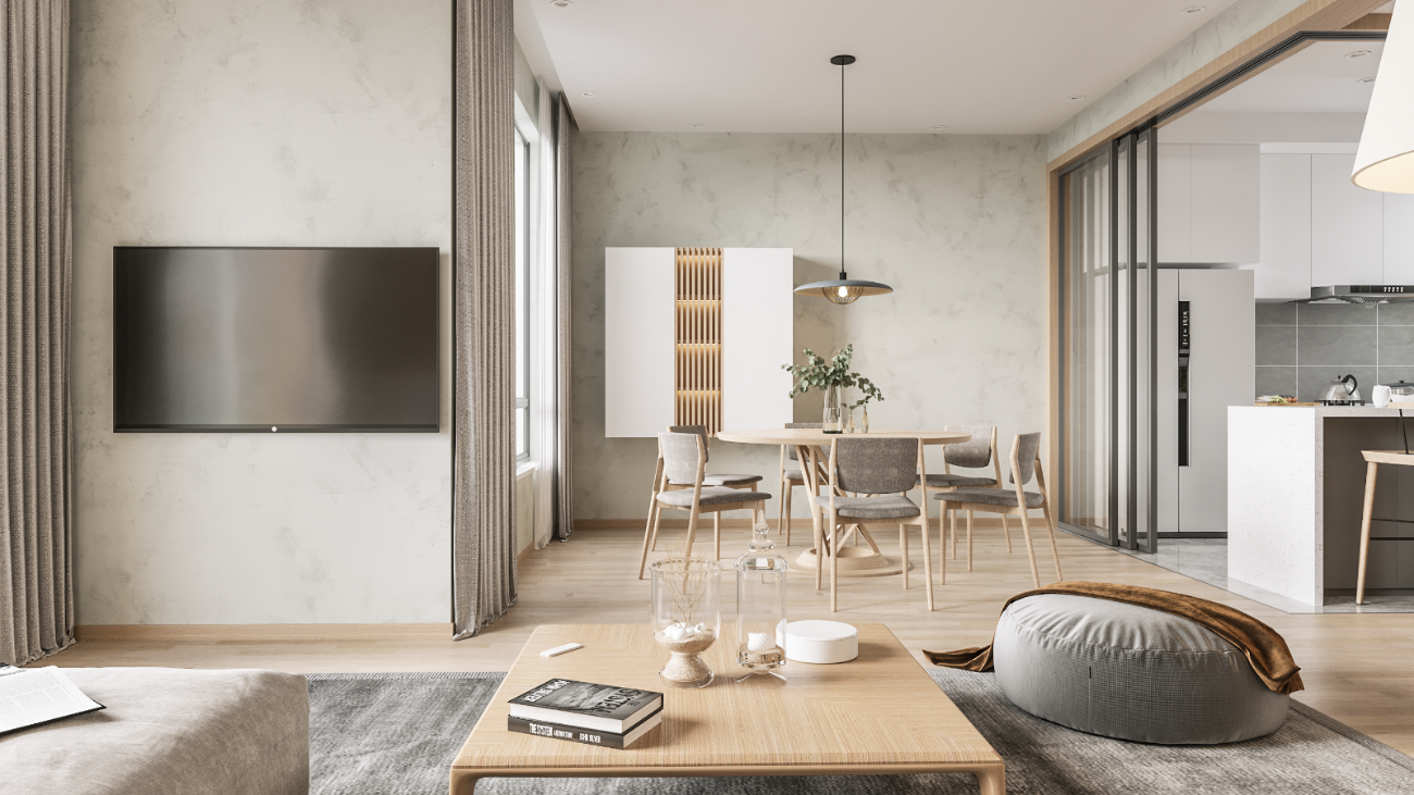 Modern living room with a TV, coffee table, and dining area.