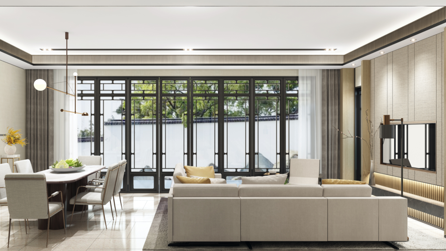 Modern living room with a sofa, dining table, and large windows.