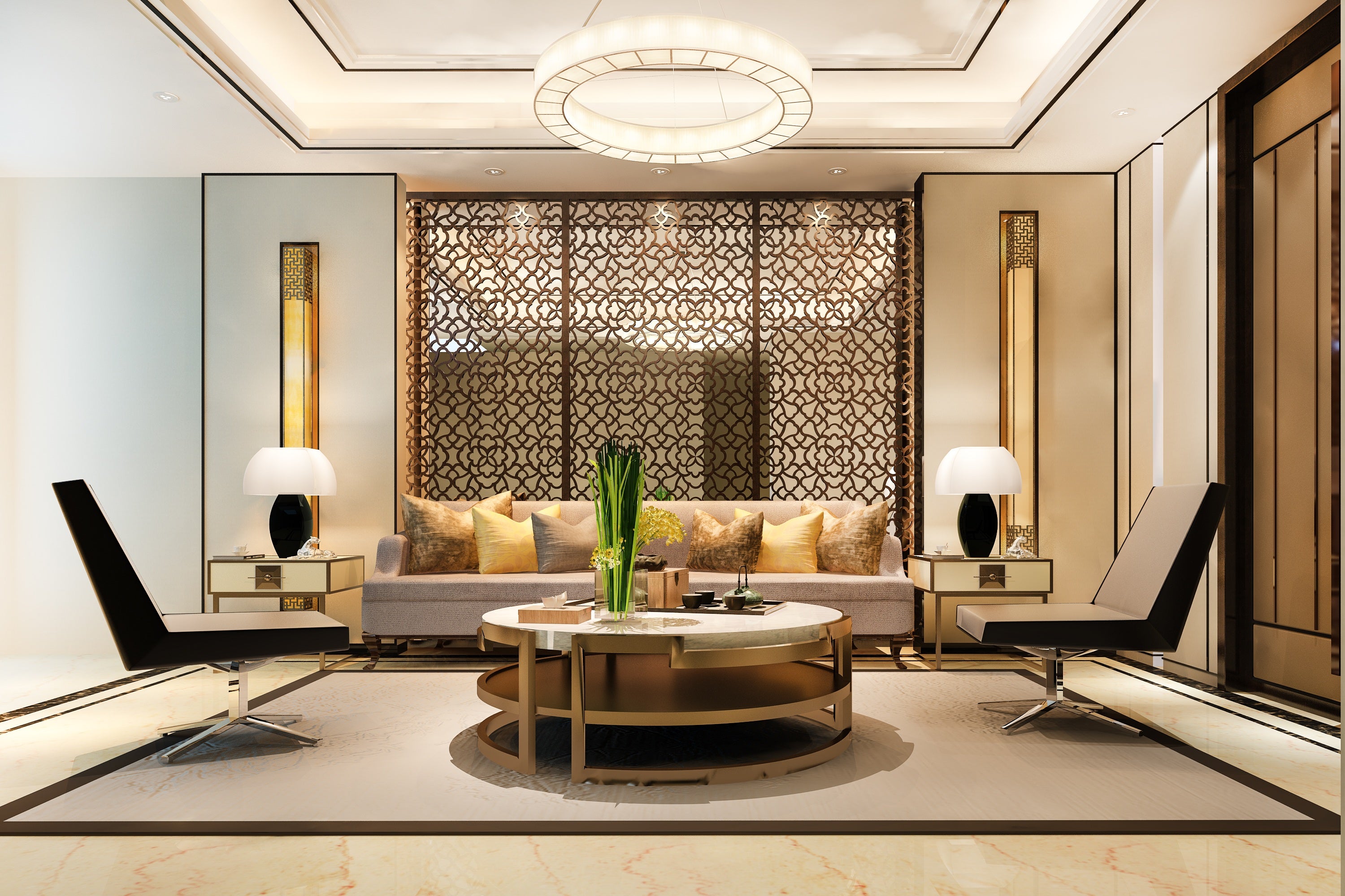 Modern living room with a stylish sofa, coffee table, and decorative elements.