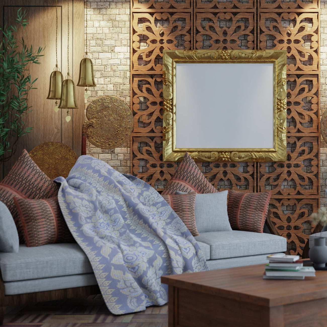 Living room with decorative wall panel, mirror, and furniture