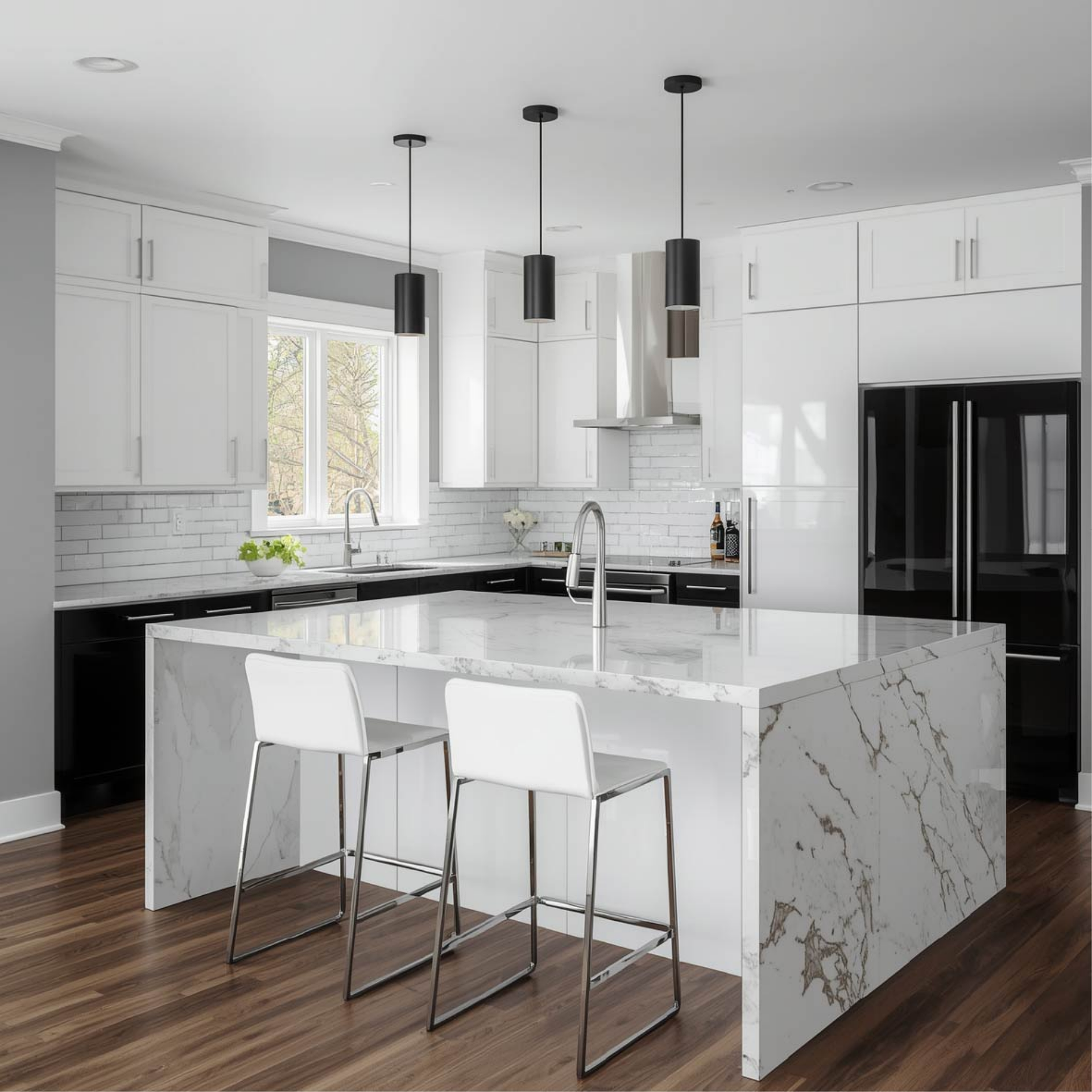 Modern kitchen with marble island, black appliances, and white stools.