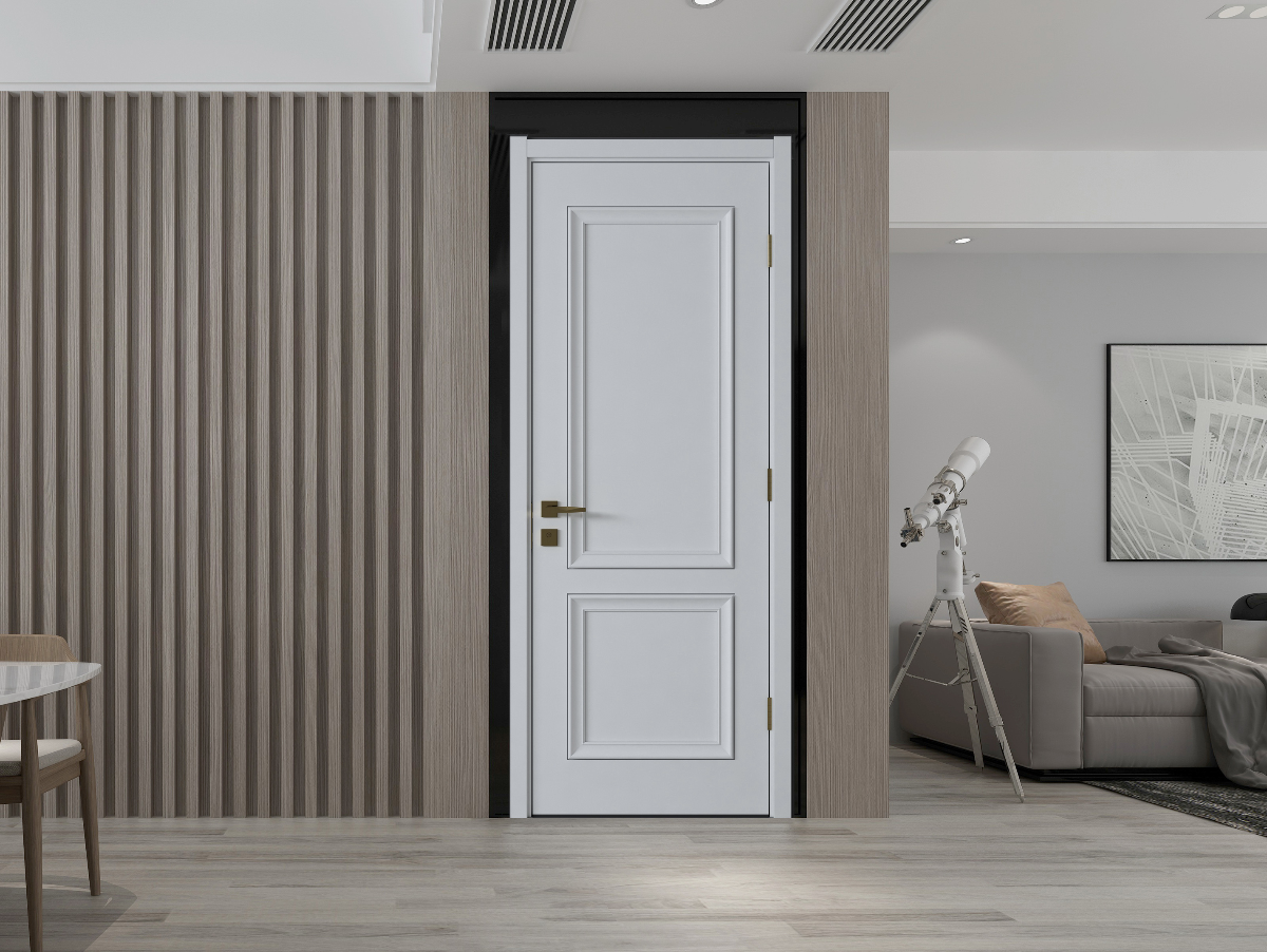 Modern interior with a white door, striped wall, and living room furniture.