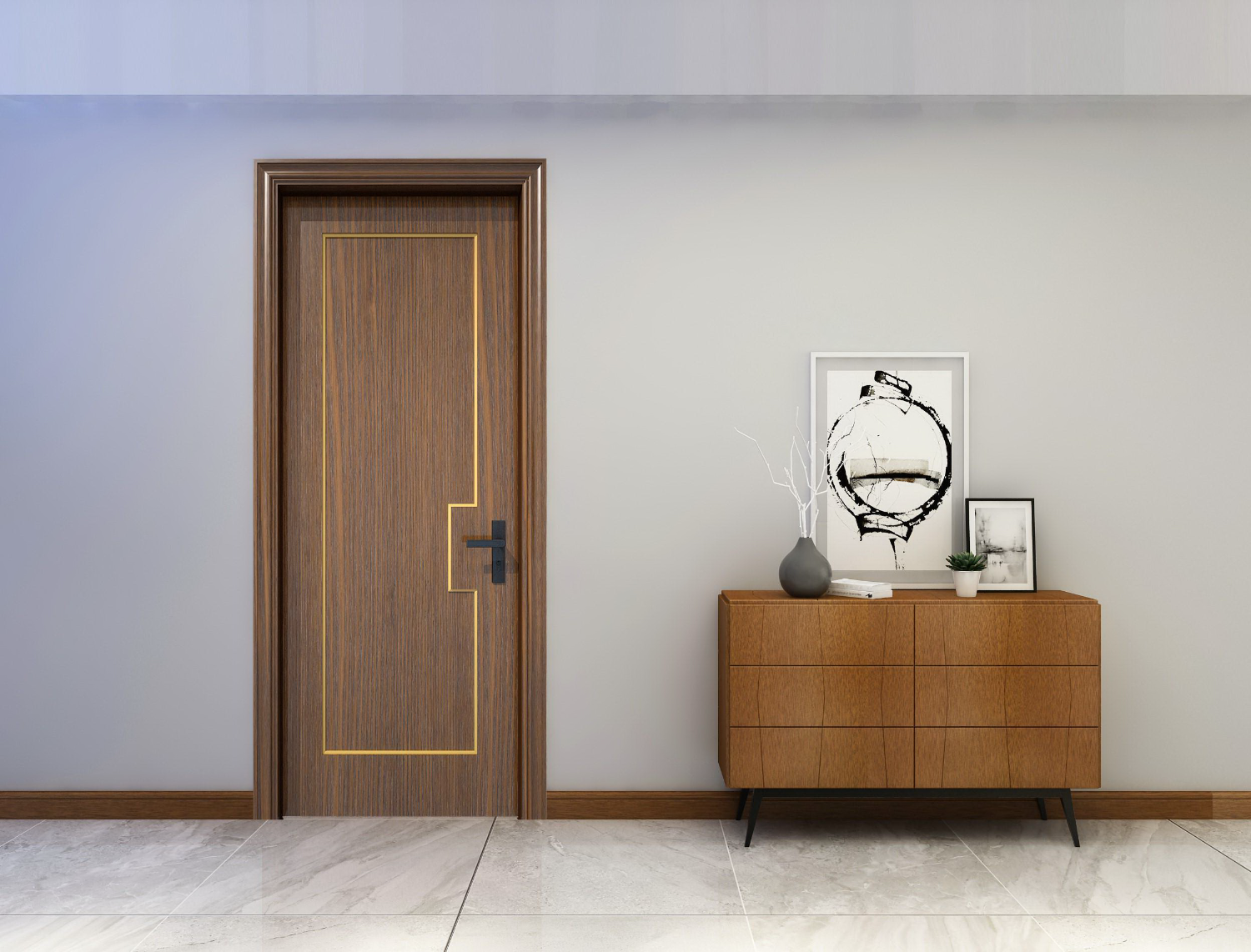 Wooden door with gold accents in a modern interior setting.