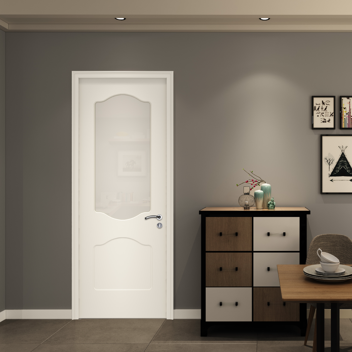 Modern interior design with a white door, wooden furniture, and decor items.