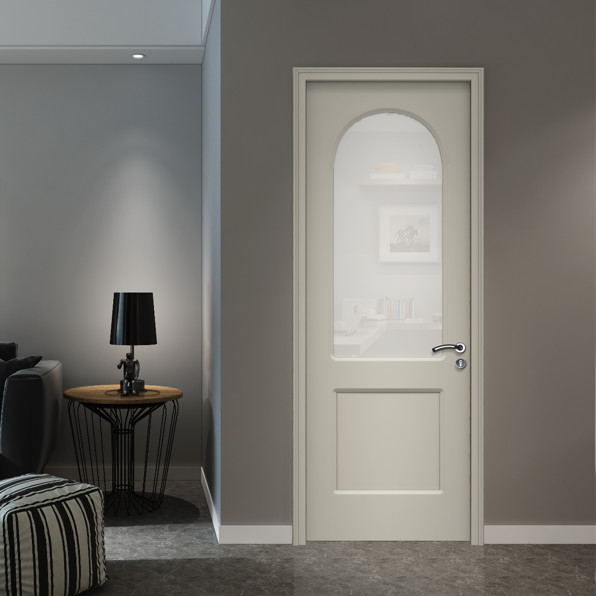 Modern interior door with glass panel in a room with gray walls and a lamp.