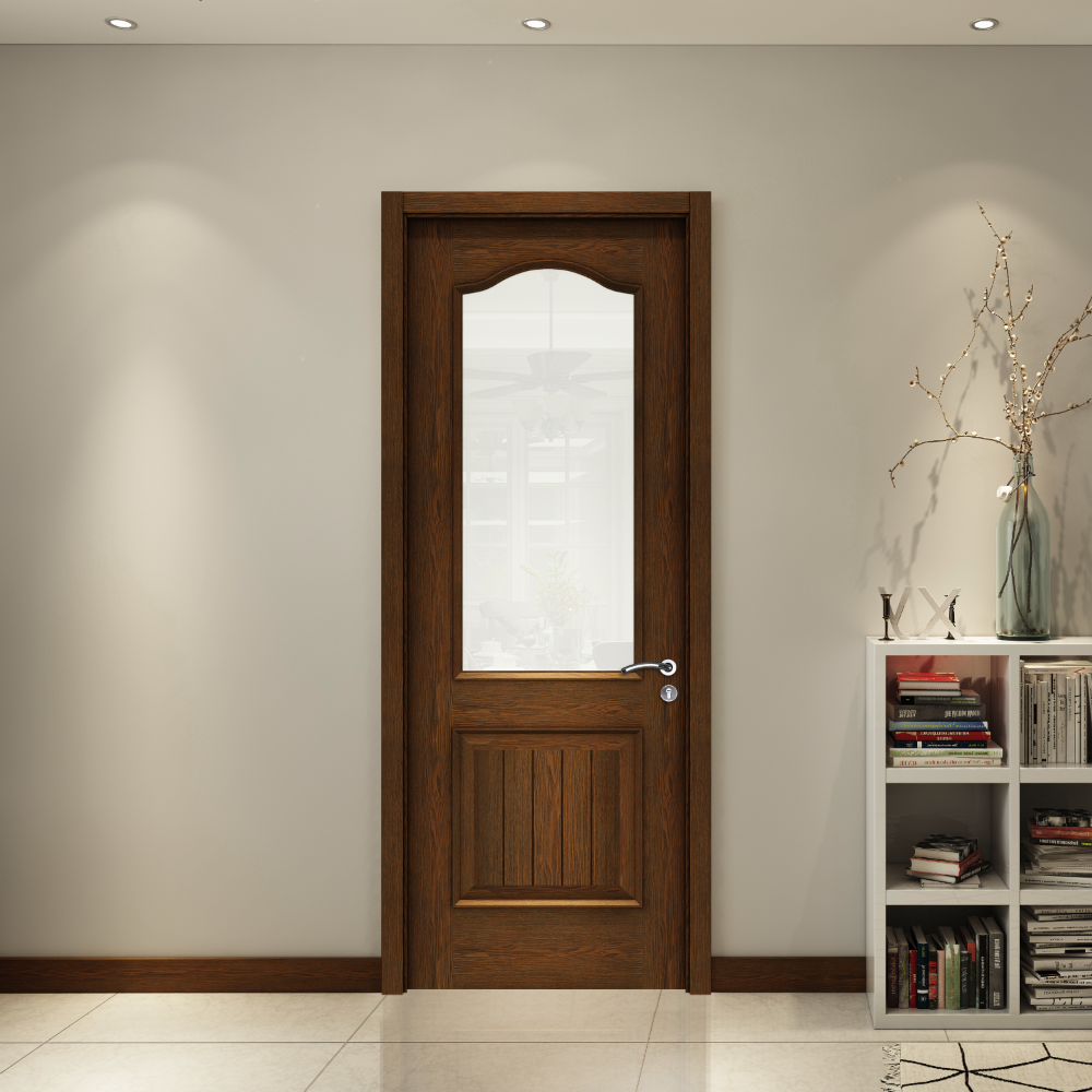 Wooden door with glass panel in a room with a bookshelf.