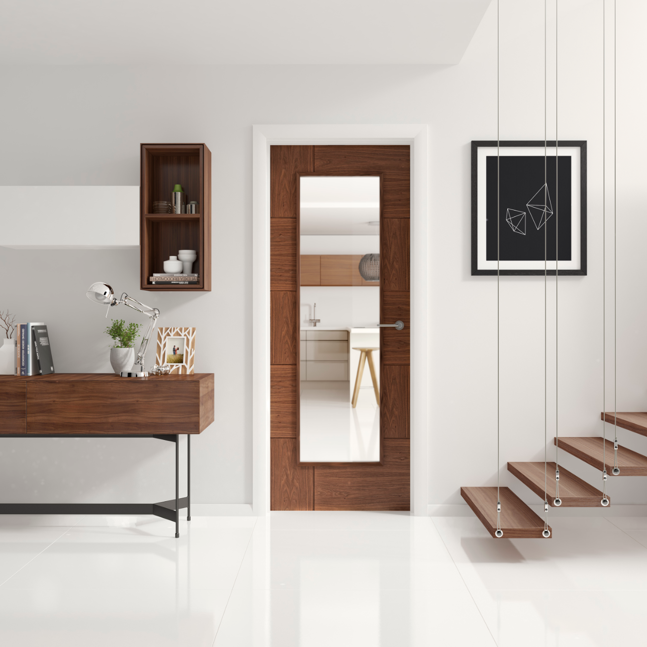 Modern interior design with wooden door, desk, and staircase.