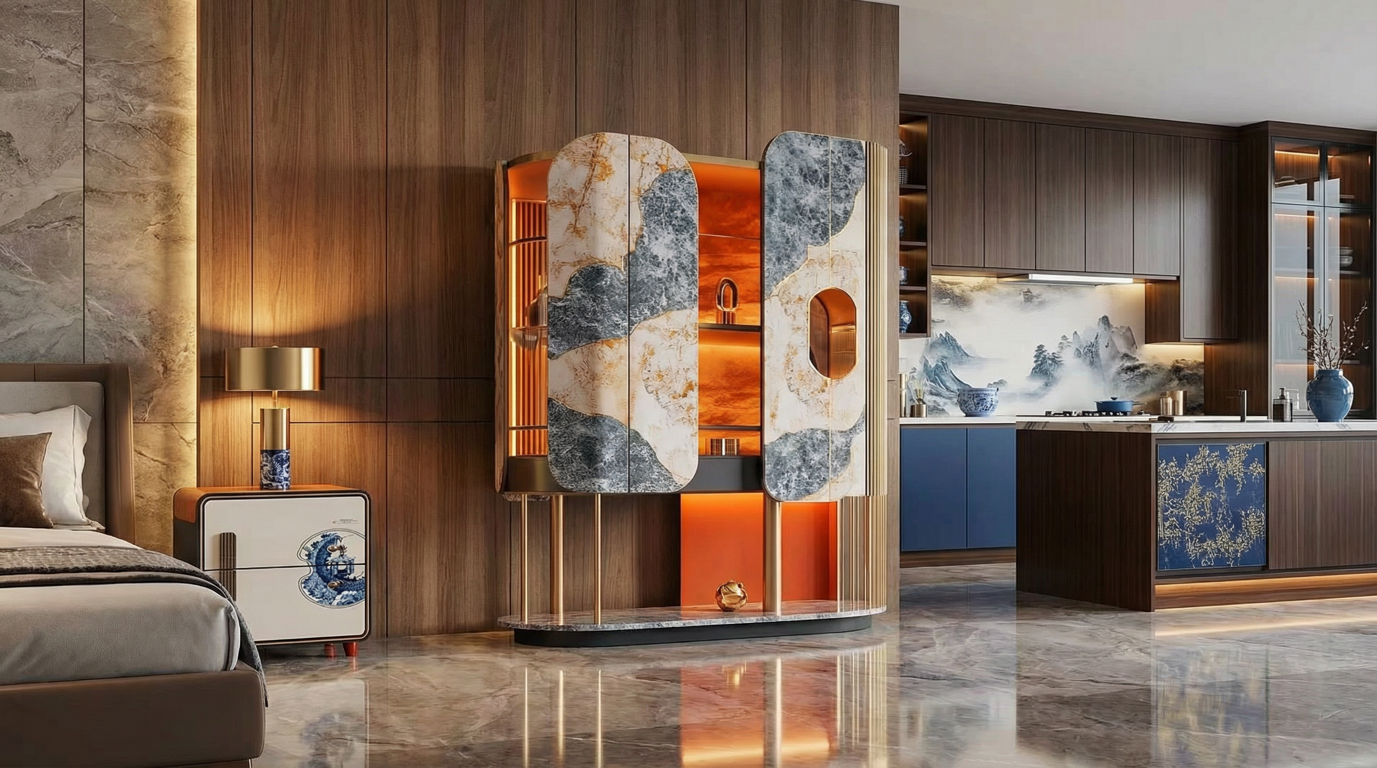 Modern interior design with marble-patterned furniture and decor.