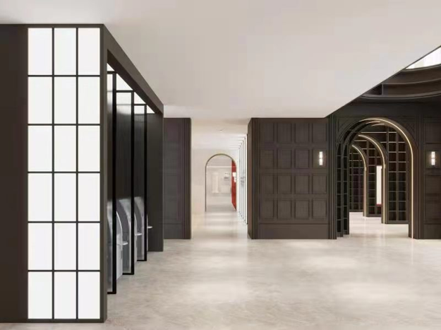 Modern interior design with dark wood paneling and large windows.