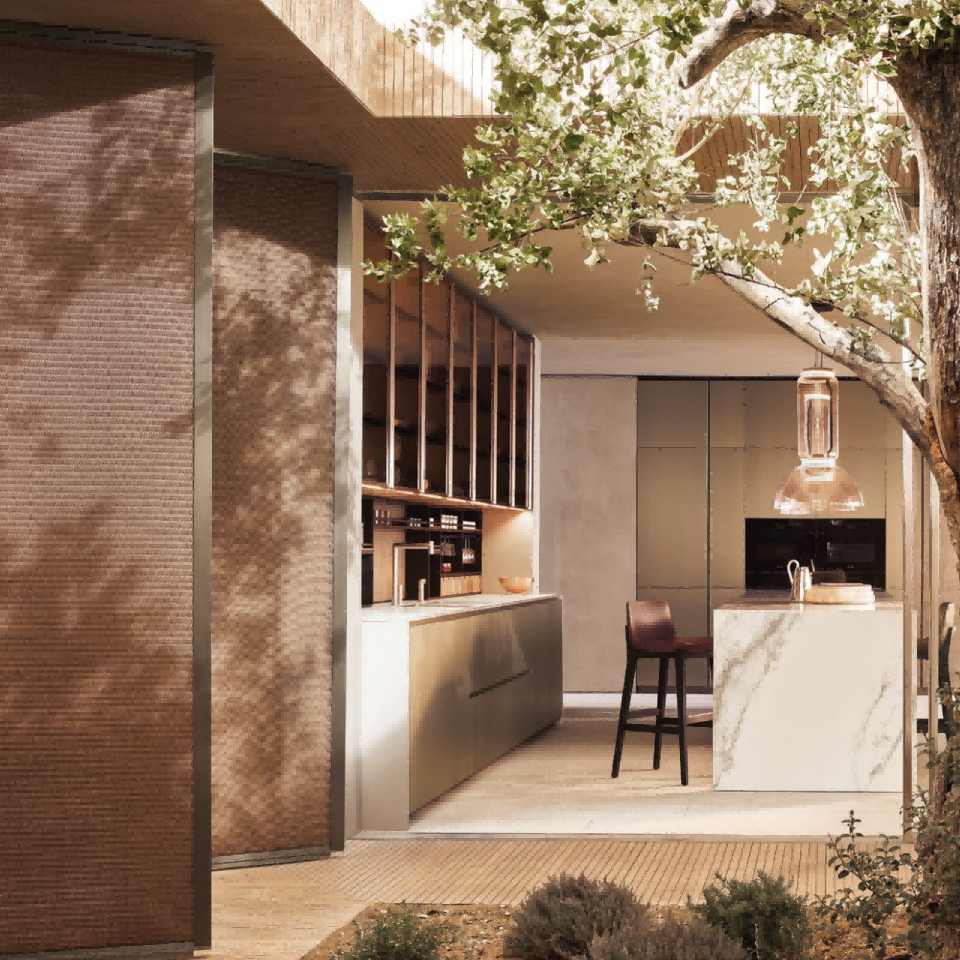Modern kitchen with a tree in the center, surrounded by a warm interior design.