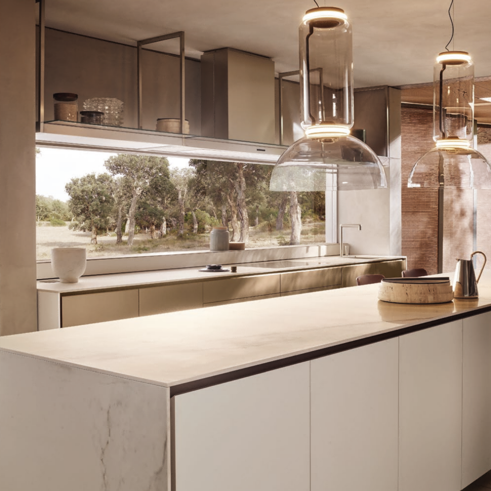 Modern kitchen with a large island and large windows