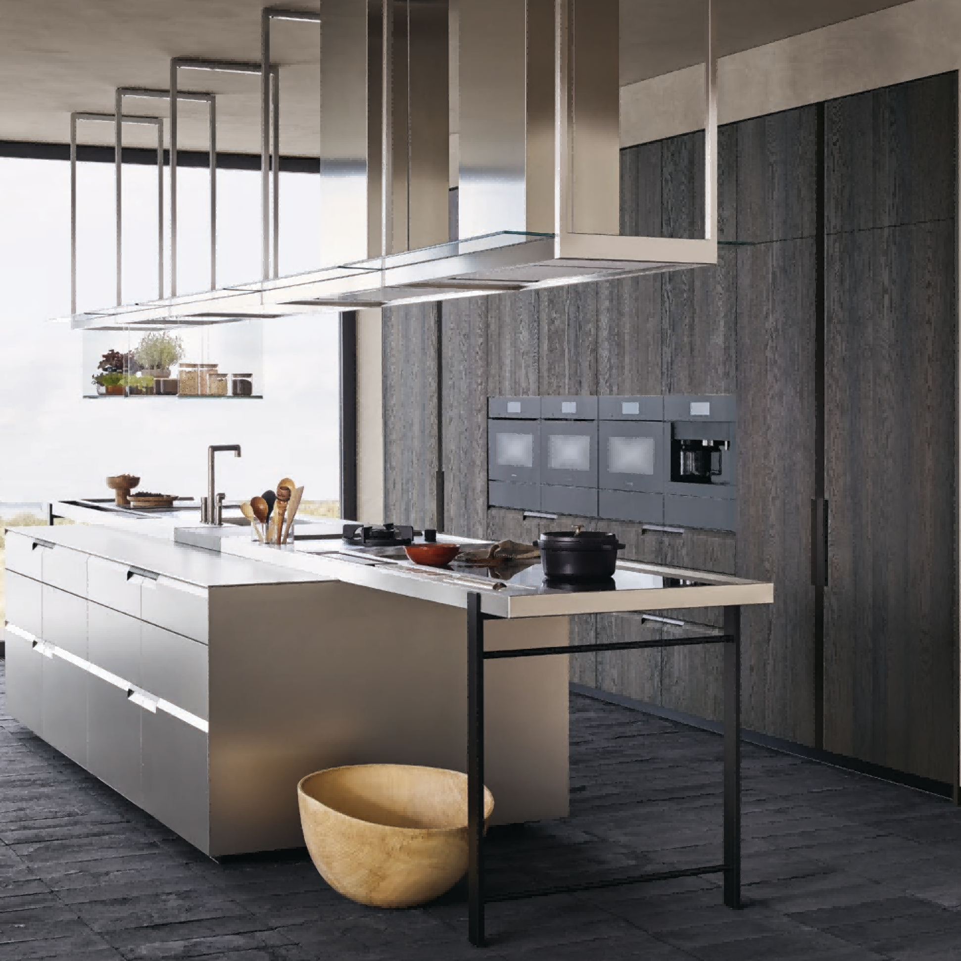 Modern kitchen with white island, stainless steel appliances, and large windows.