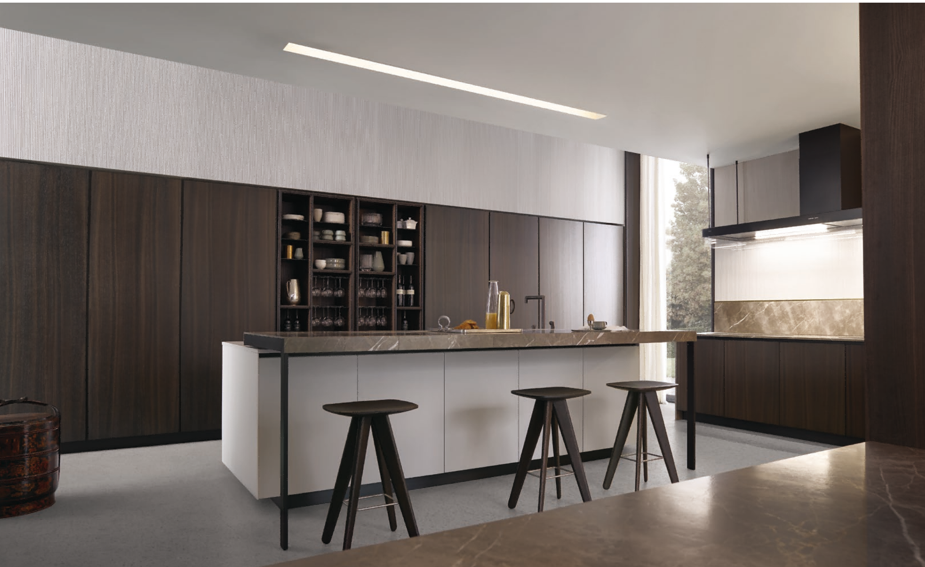 Modern kitchen with wooden cabinets and white island