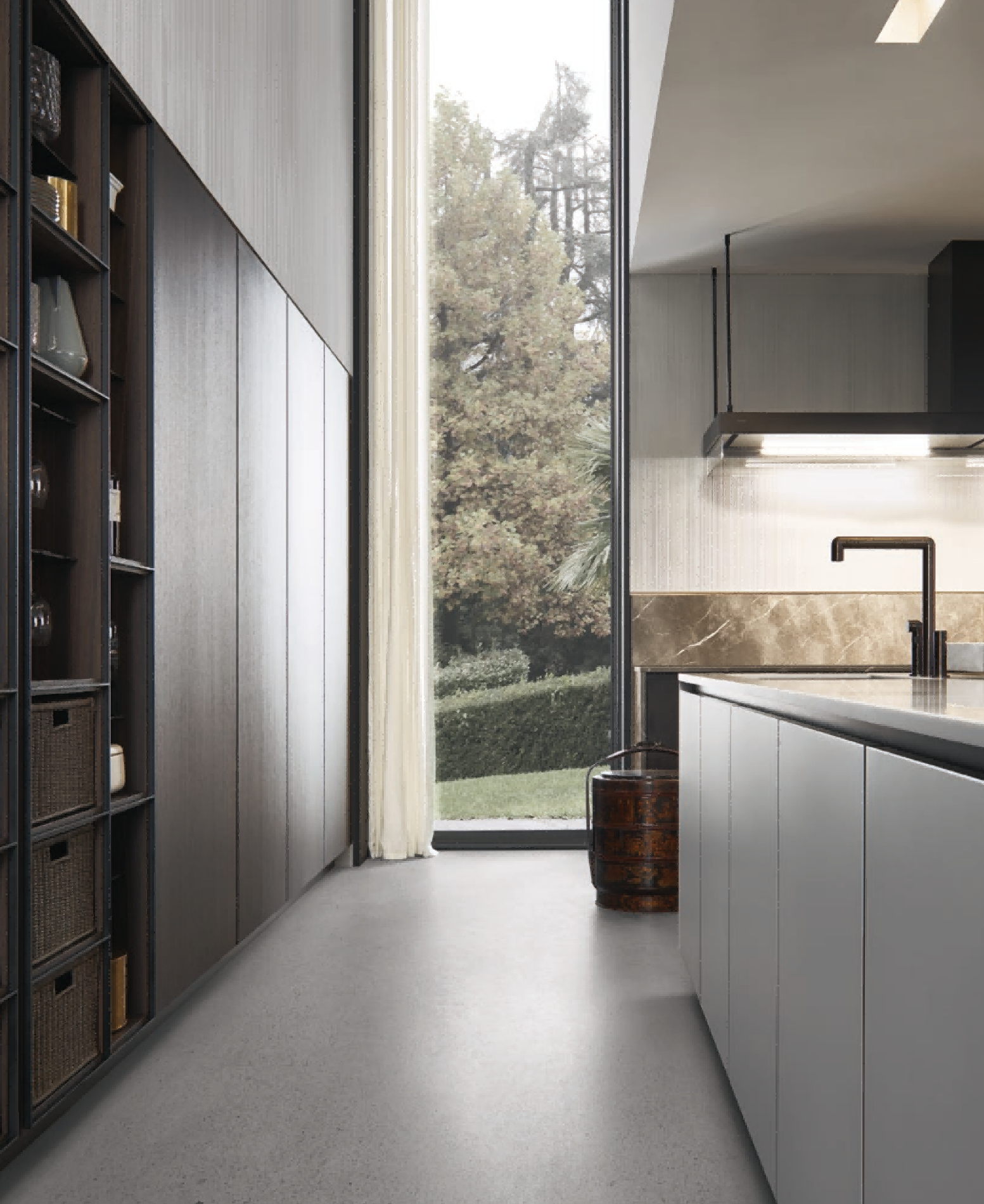 Modern kitchen interior with cabinets and appliances.