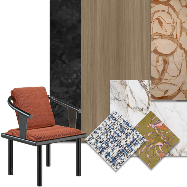 Material board with various textures and a chair on a white background