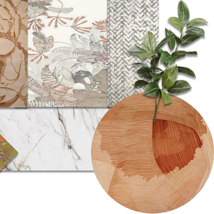 Material board with various textures and a chair on a white background